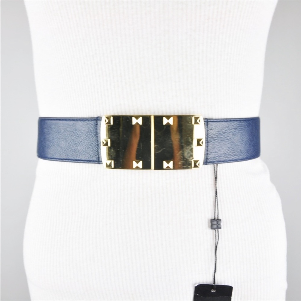 BCBG WAIST BELT NAVY BLUE GOLD STUDDED VEGAN LEATHER